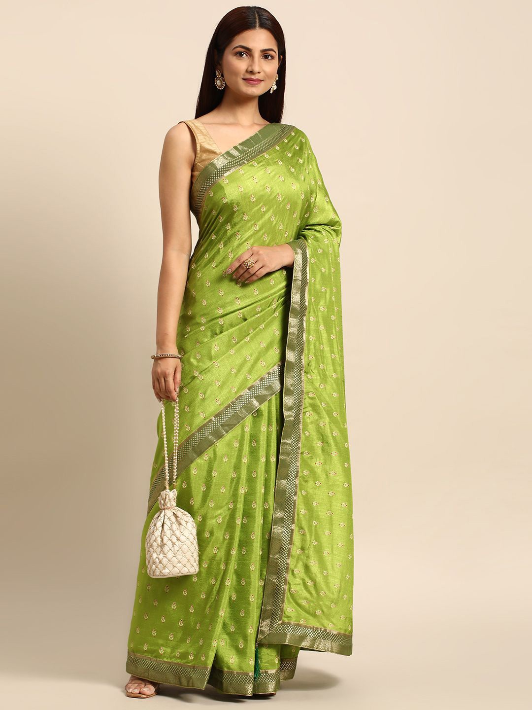 

HERE&NOW Floral Printed Zari Saree, Green