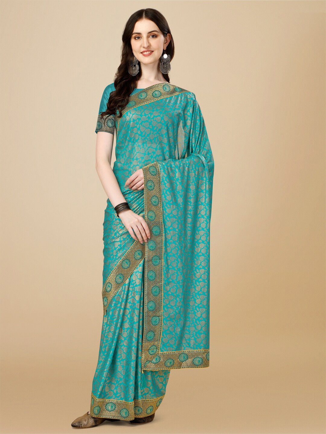 

HERE&NOW Floral Zari Pure Chiffon Saree, Sea green