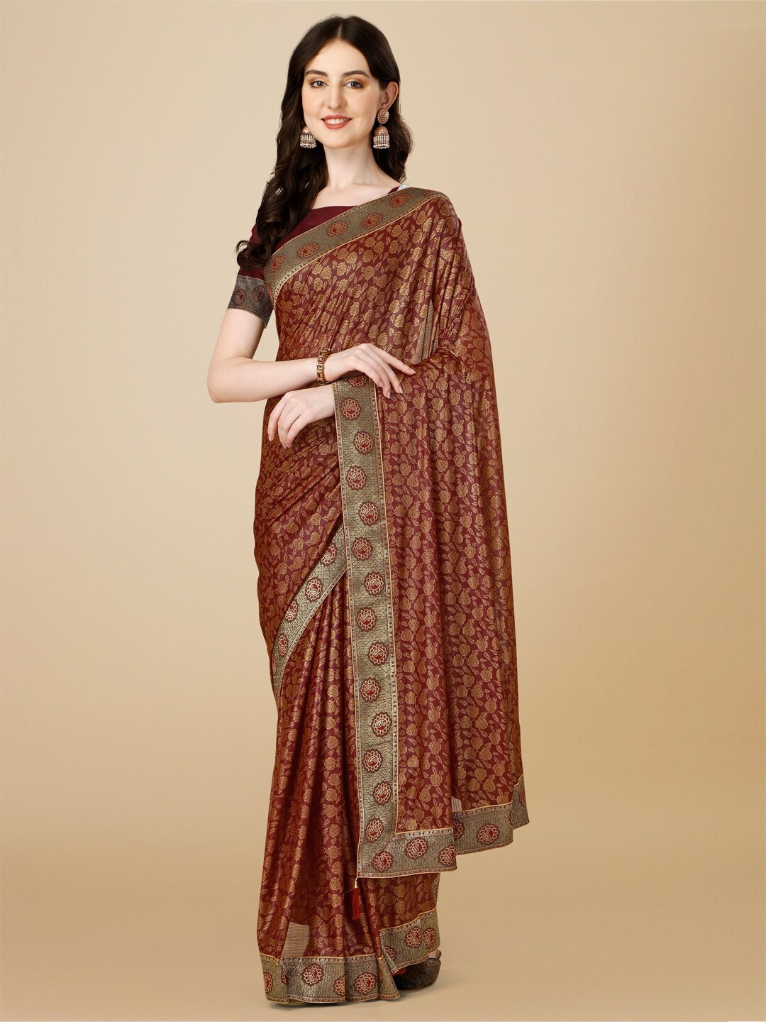 

HERE&NOW Floral Zari Pure Chiffon Saree, Maroon