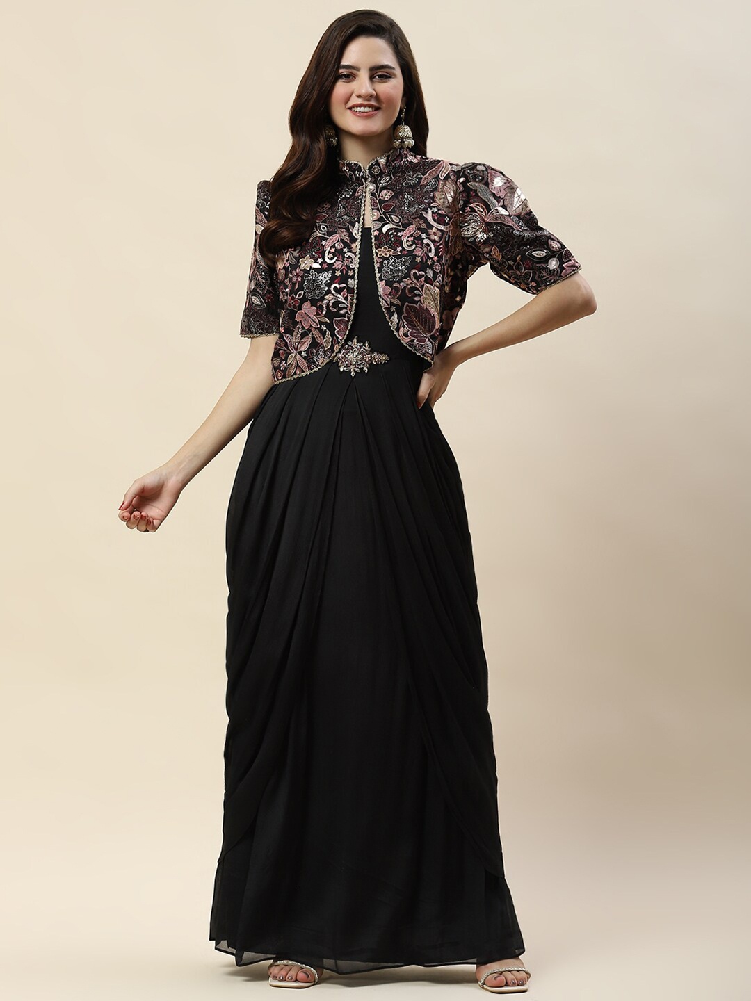 

Meena Bazaar Floral Printed Crepe Fit and Flare Maxi Dress, Black