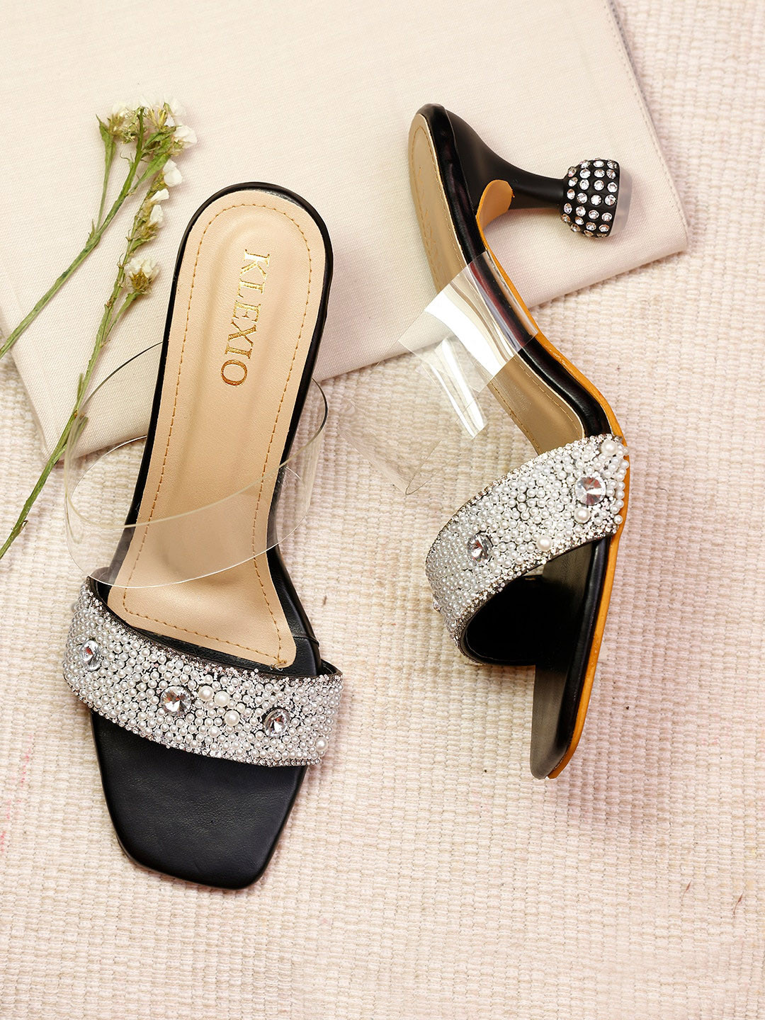 

KLEXIO Embellished Open Toe Block Heels, Black