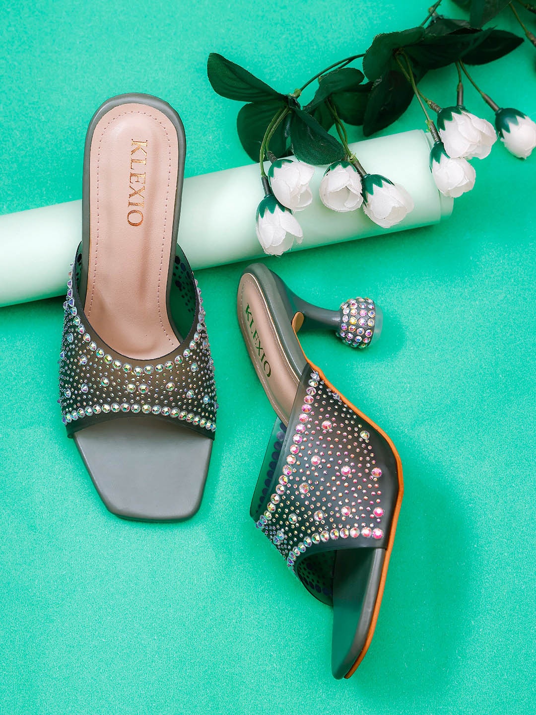 

KLEXIO Embellished Open Toe Block Heels, Olive