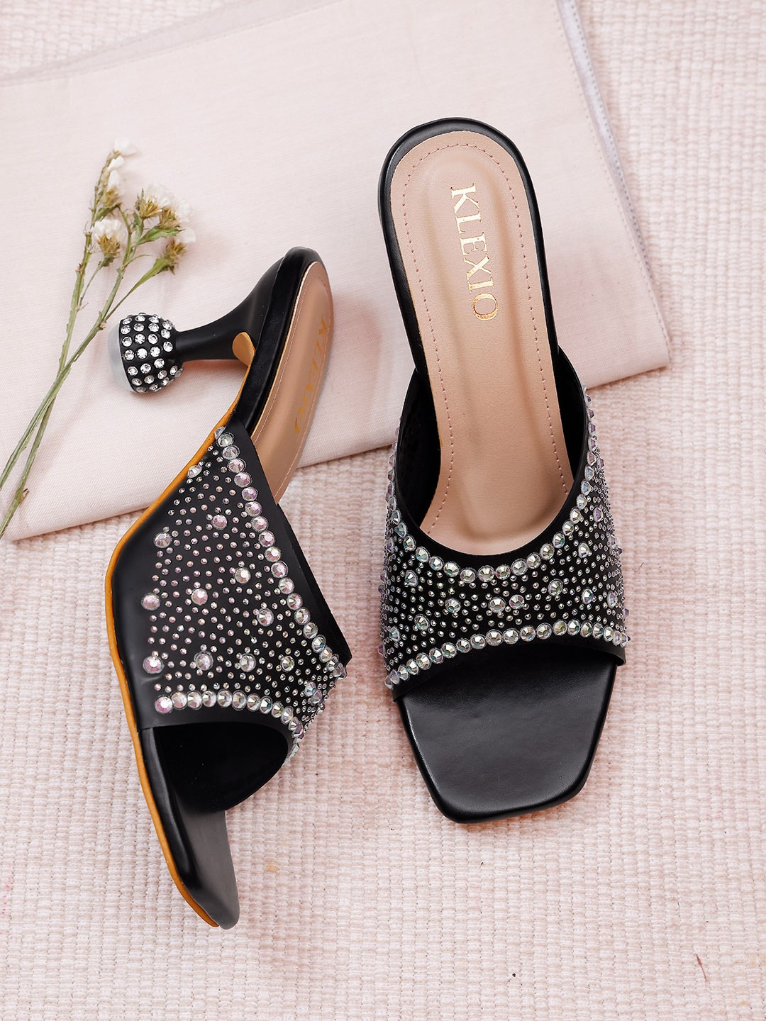 

KLEXIO Embellished Open Toe Block Heels, Black
