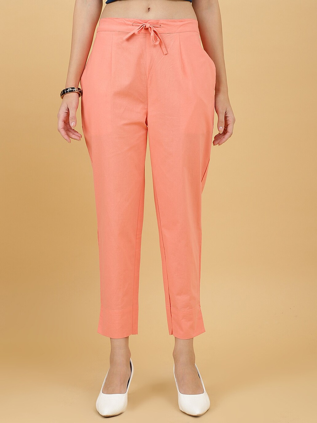 

Wool Trees Women Mid-Rise Cotton Pleated Trousers, Peach