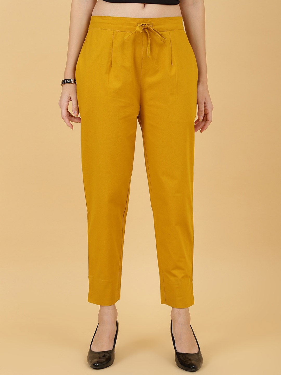 

Wool Trees Women Mid-Rise Cotton Pleated Peg Trousers, Mustard