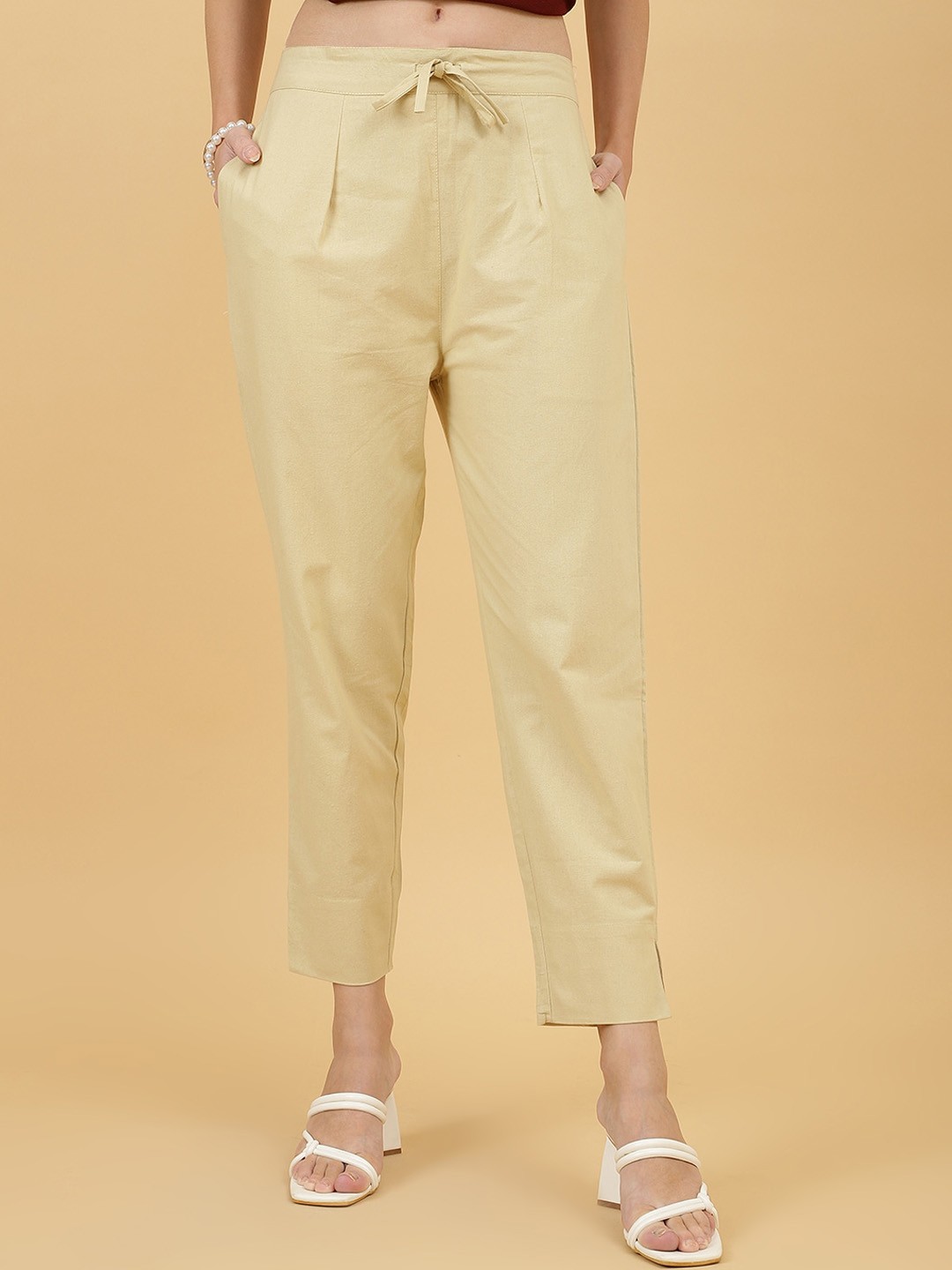 

Wool Trees Women Mid-Rise Cropped Cigarette Trousers, Yellow
