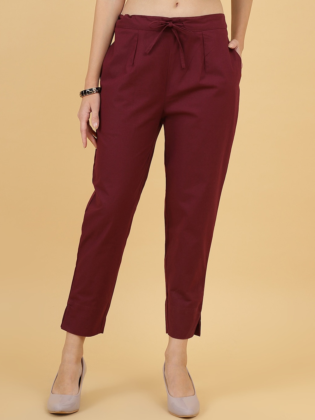 

Wool Trees Women Mid-Rise Cotton Pleated Trousers, Maroon