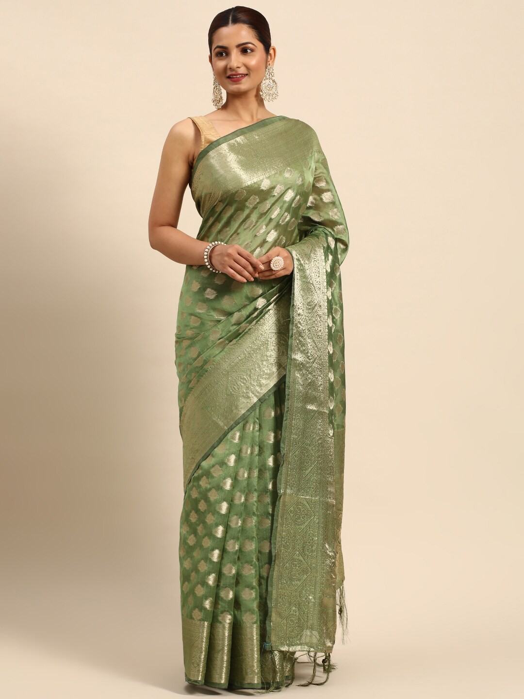 

HERE&NOW Floral Woven Design Zari Organza Saree, Green