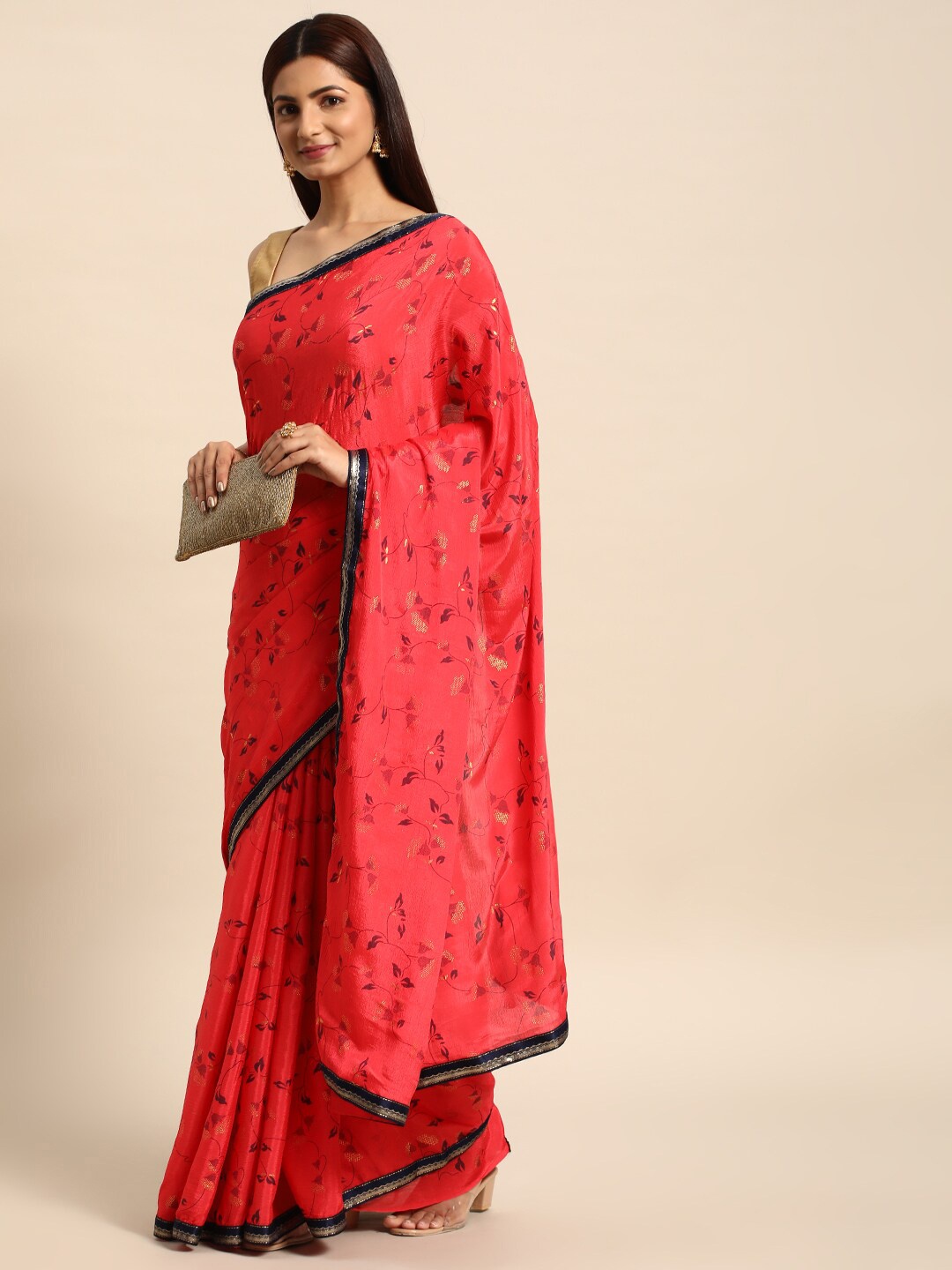 

HERE&NOW Floral Embroidered Pure Chiffon Saree, Pink