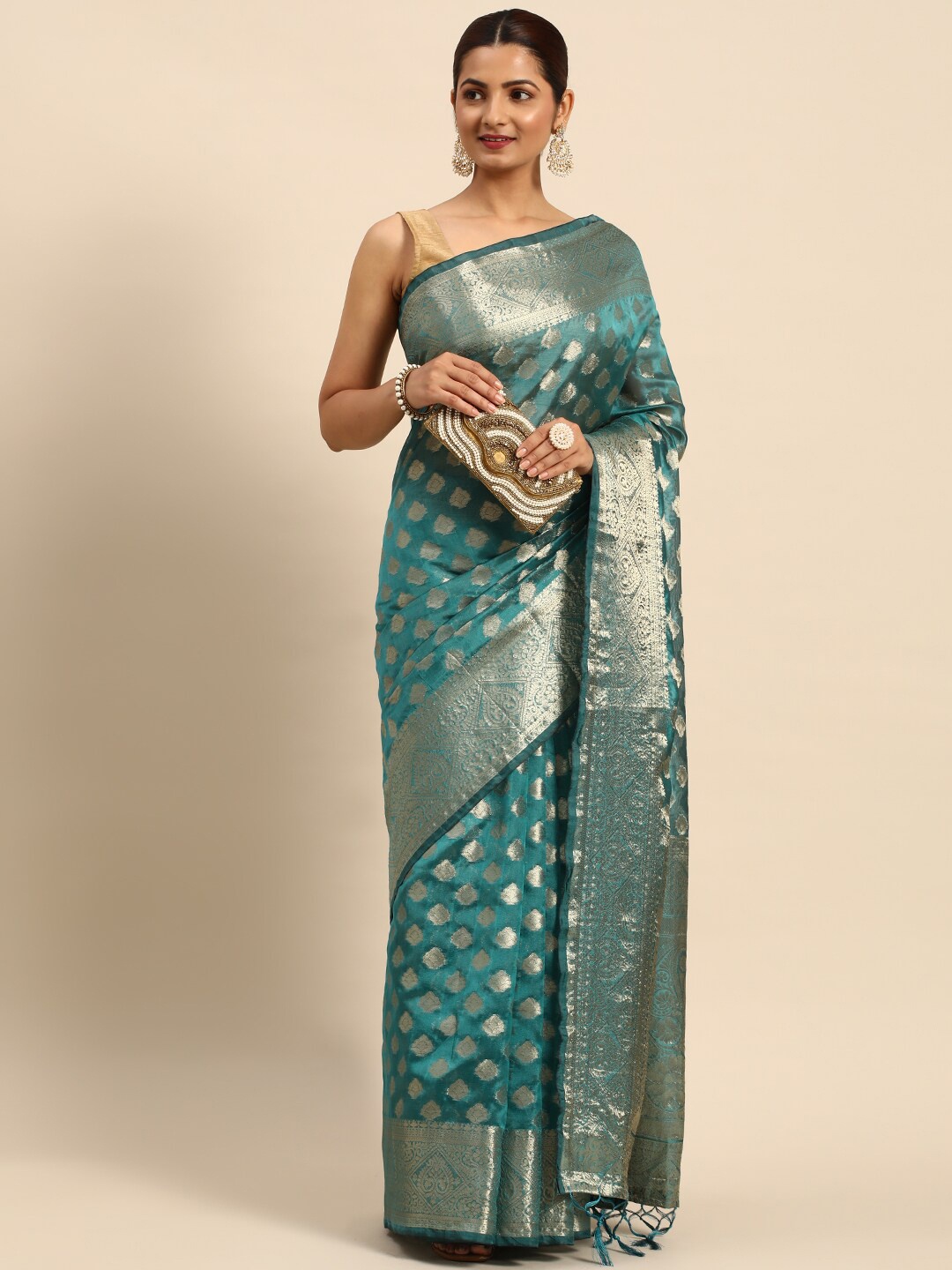 

HERE&NOW Woven Design Zari Organza Saree, Teal