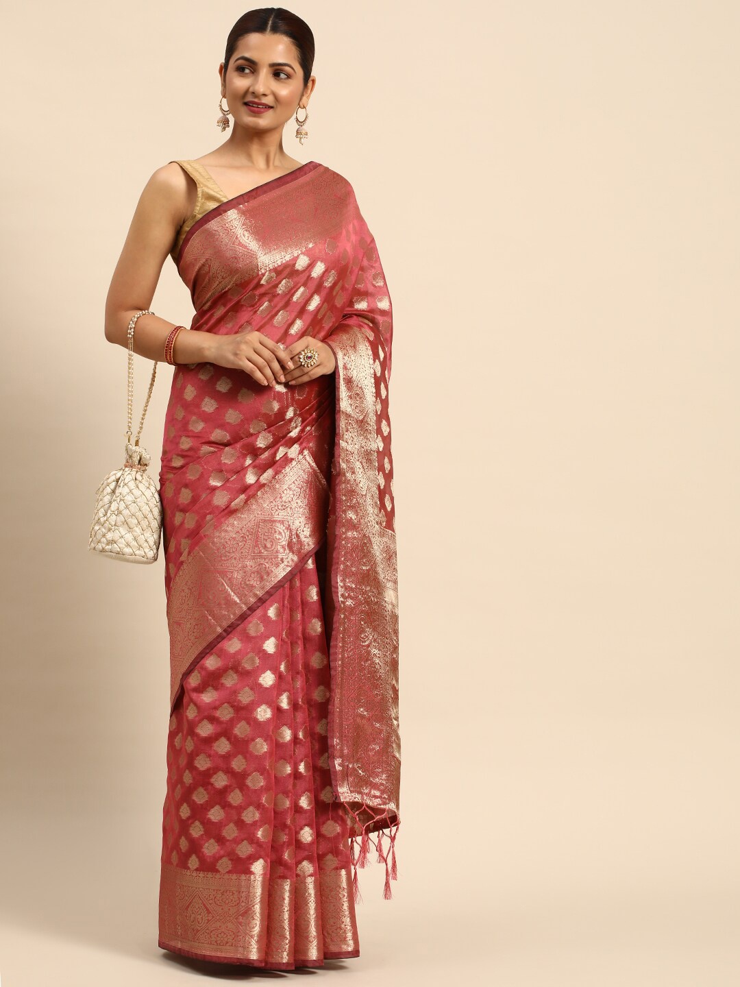 

HERE&NOW Ethnic Woven Design Zari Organza Saree, Peach