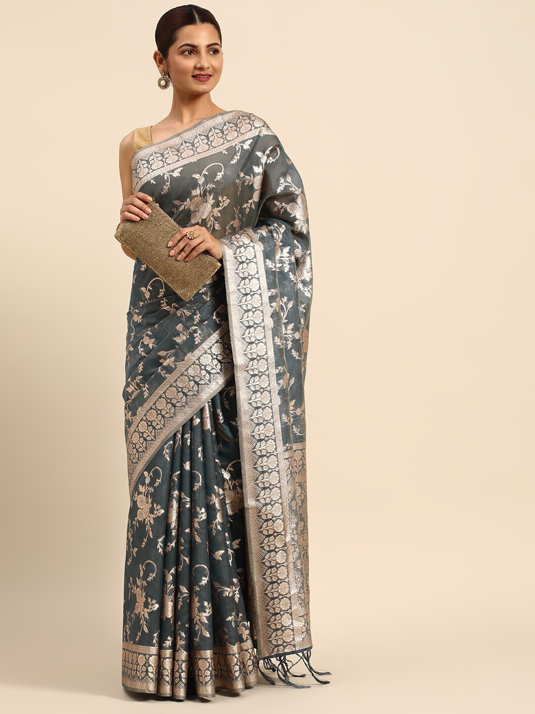 

HERE&NOW Floral Woven Design Zari Organza Saree, Grey