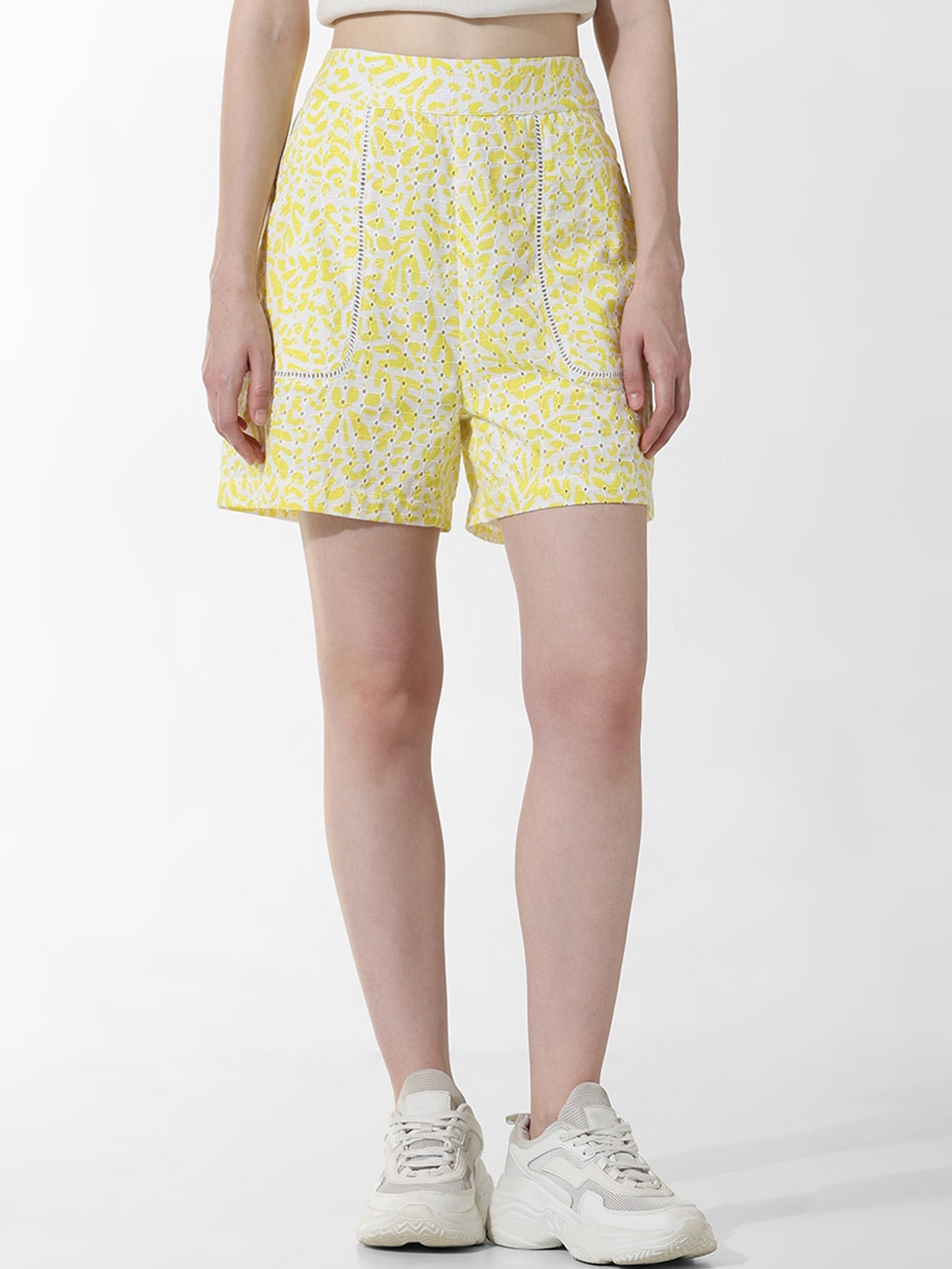 

ONLY Women Abstract Printed High-Rise Pure Cotton Shorts, Yellow