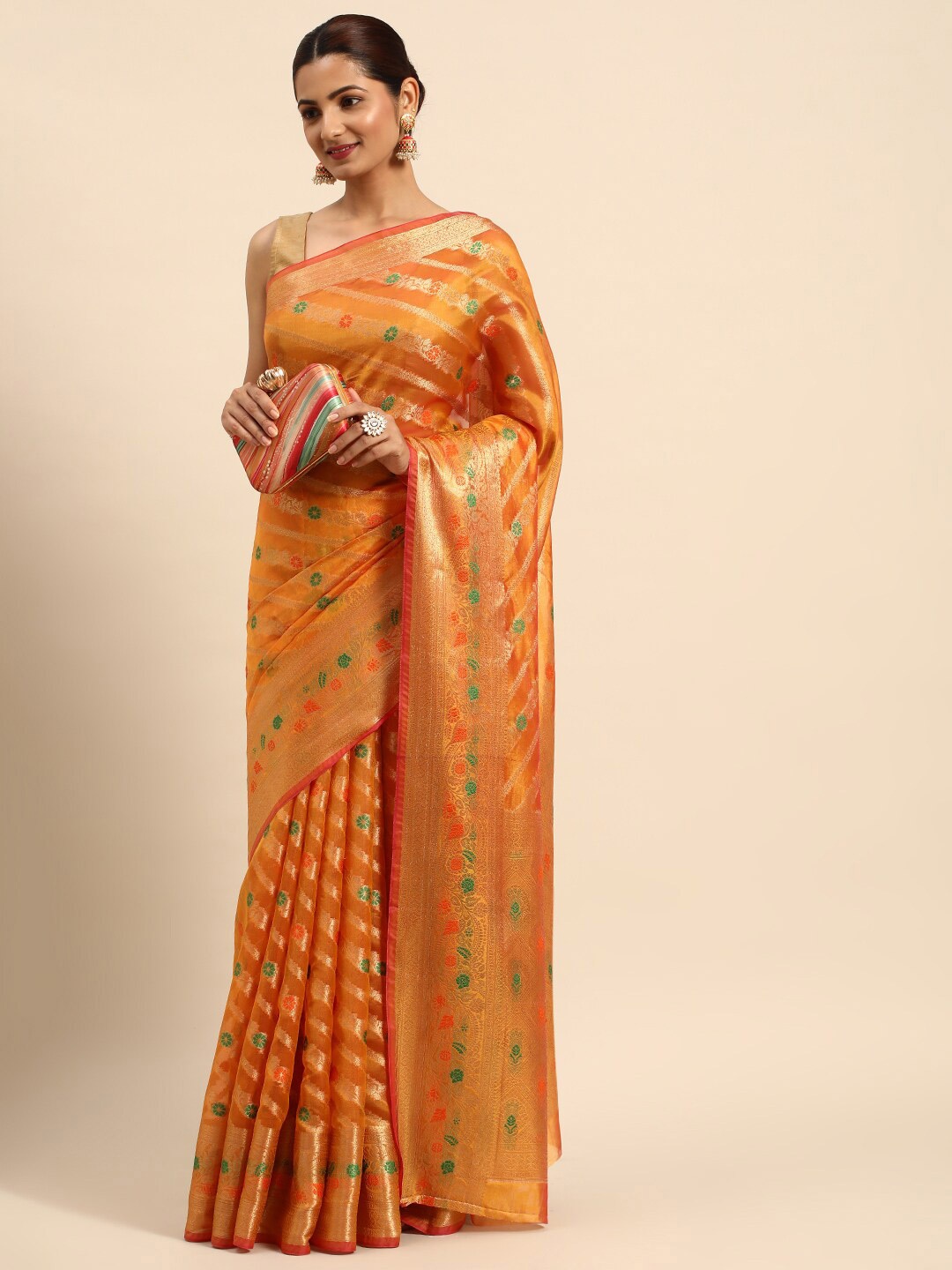 

HERE&NOW Floral Woven Design Zari Organza Saree, Orange