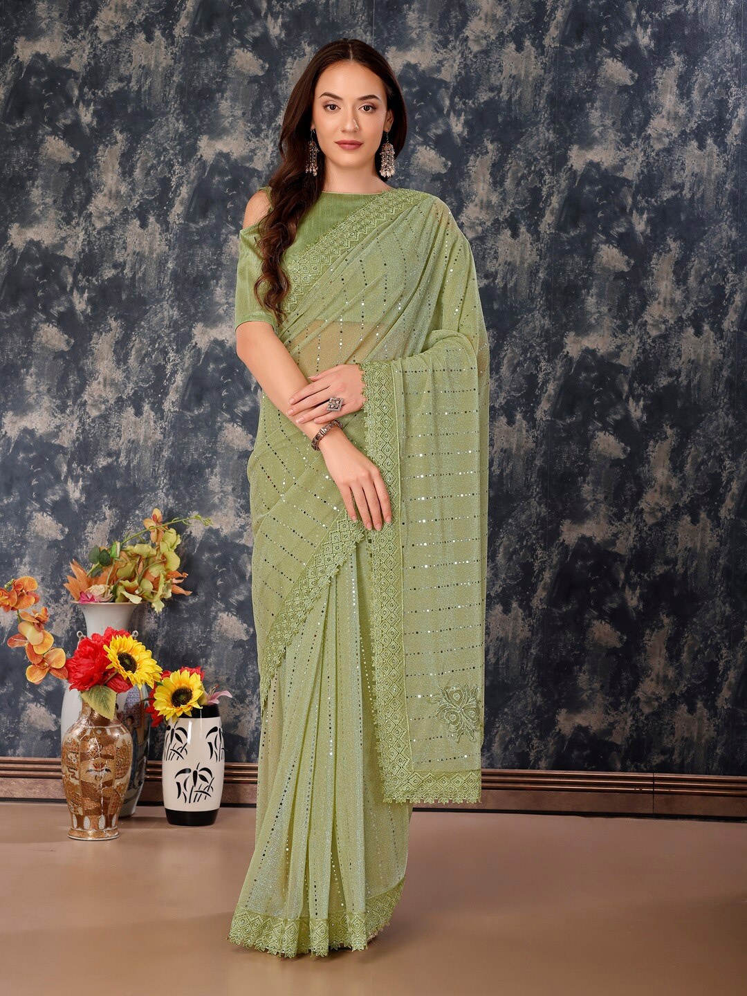 

HERE&NOW Embellished Embroidered Saree, Green