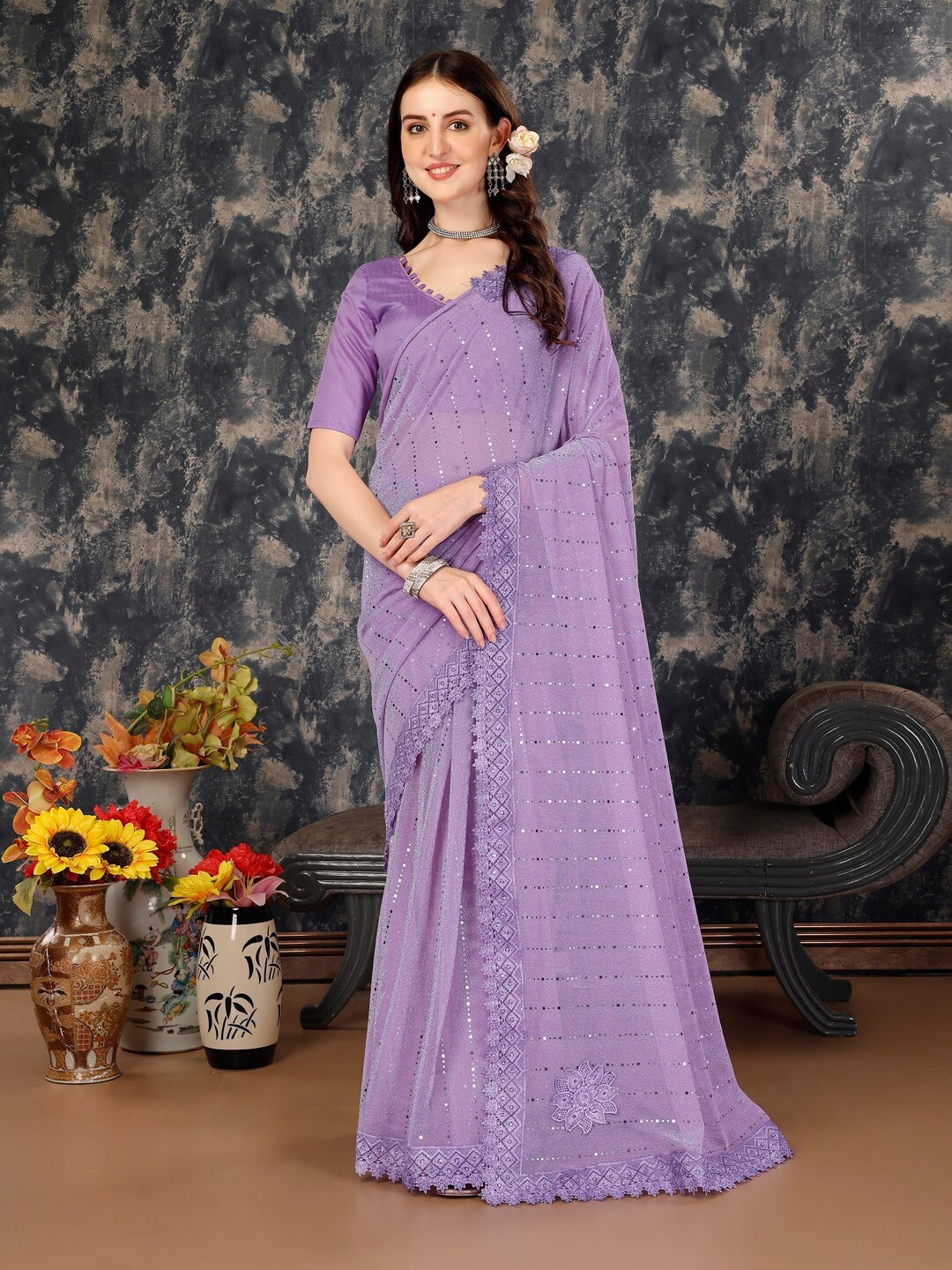 

HERE&NOW Embellished Embroidered Saree, Purple