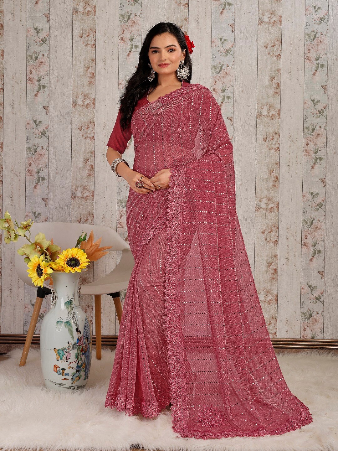

HERE&NOW Peach Embellished Embroidered Sequinned Saree