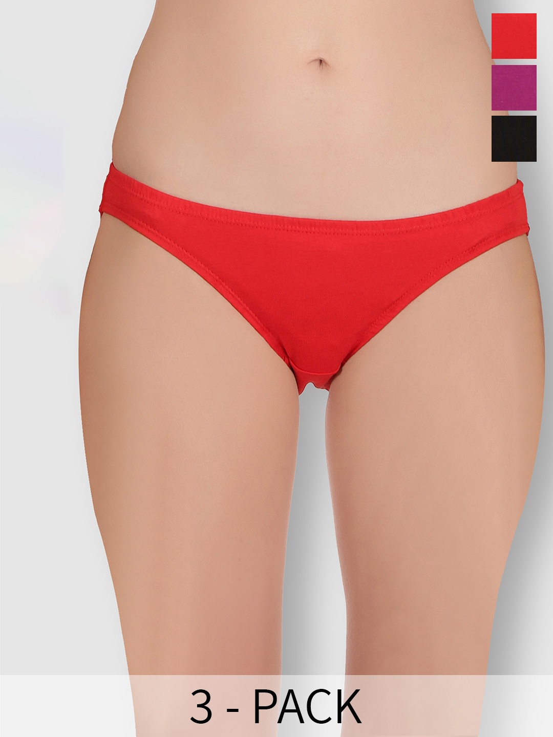 

Selfcare Pack of 3 Low Rise Cotton Lycra Solid Panties Bikini Briefs Set - SN1436, Red