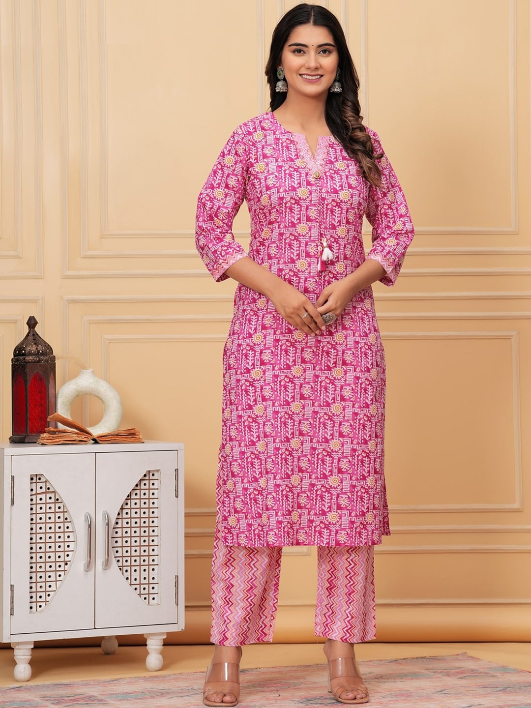 

KALINI Floral Printed Round Neck Three-Quarter Sleeves Pure Cotton Kurta with Trousers, Pink