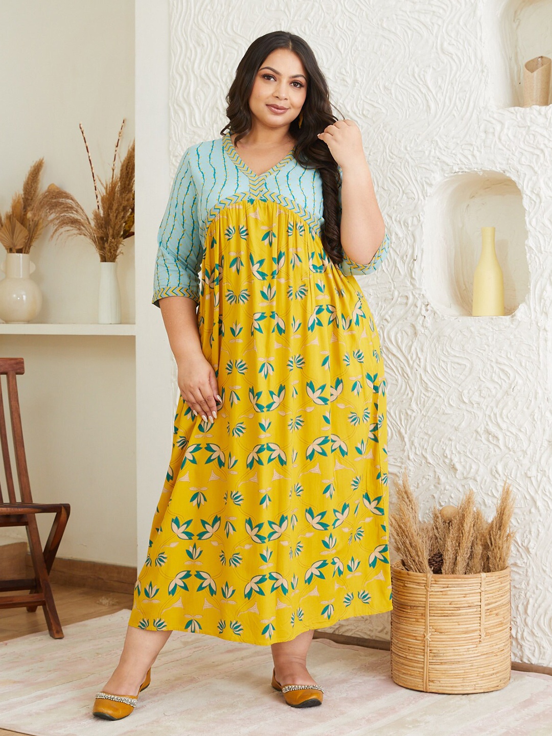 

Shape of me by Rustorange Plus Size Floral Printed Maxi Empire Dress, Yellow
