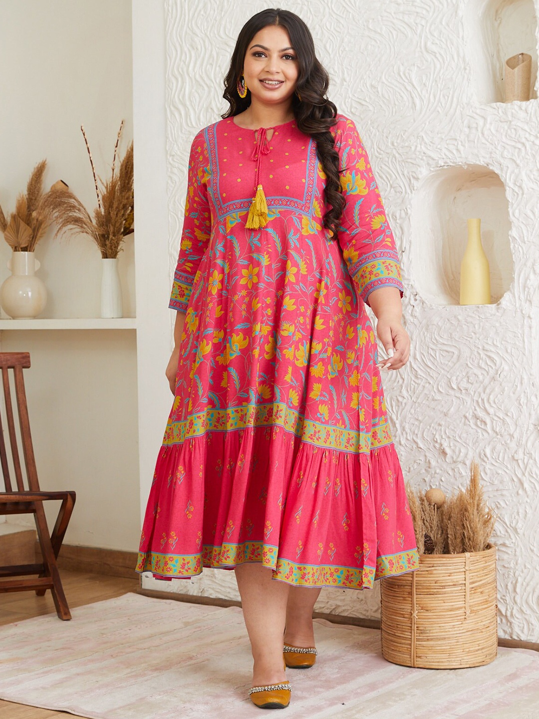 

Shape of me by Rustorange Plus Size Ethnic Motifs Printed Gathered Maxi Fit & Flare Dress, Pink
