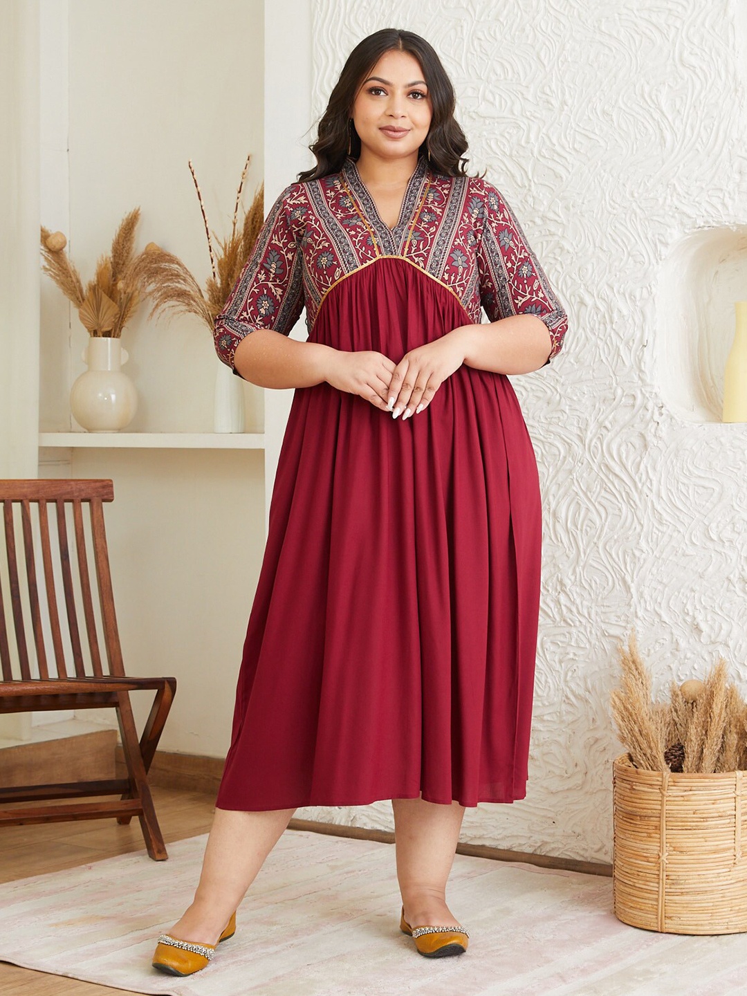 

Shape of me by Rustorange Plus Size Self Design Gathered Maxi Empire Dress, Maroon