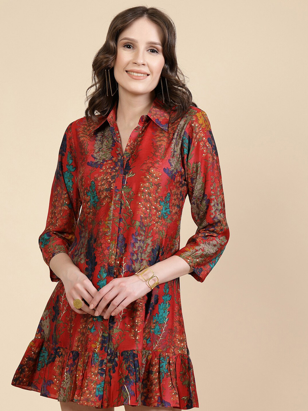 

TANKHI Floral Printed Shirt Collar Flounce A-Line Dress, Pink