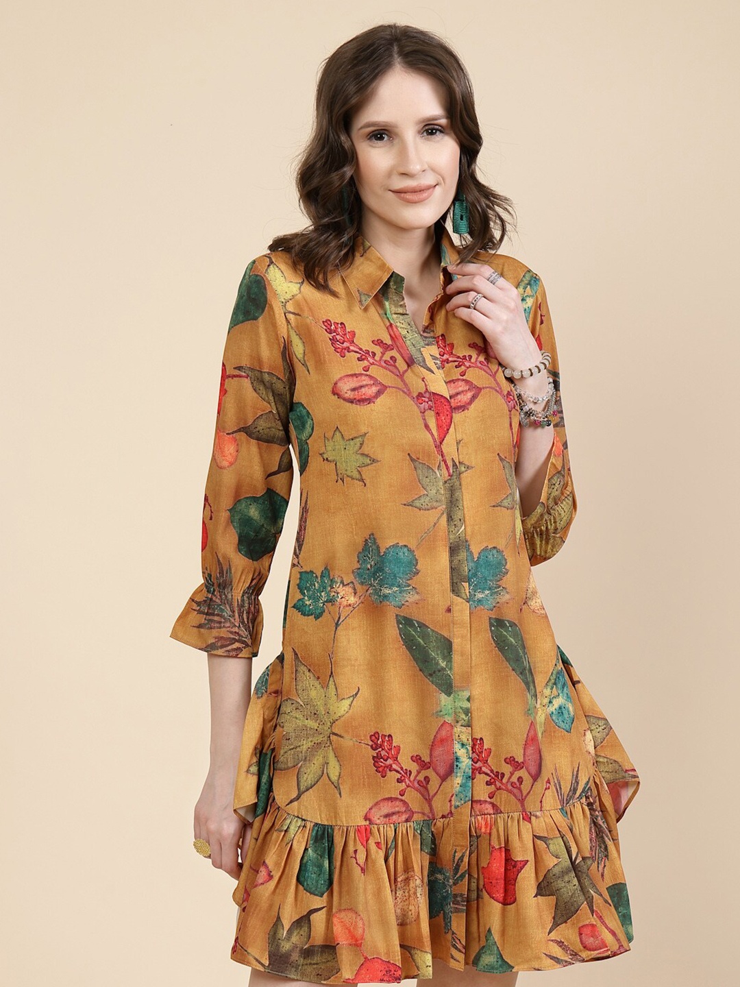 

TANKHI Floral Printed Shirt Collar Flounce A-Line Dress, Mustard