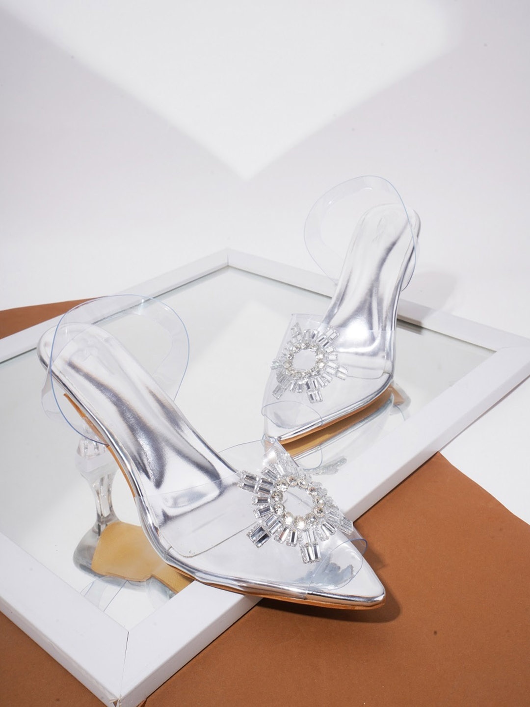 

Try Me Embellished Peep Toe Block Heels, Silver