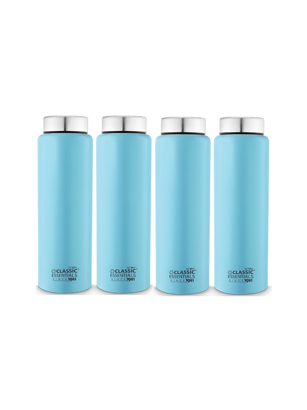 

Classic Essentials Blue 4 Pieces Brand Logo Printed Stainless Steel Water Bottle 1l