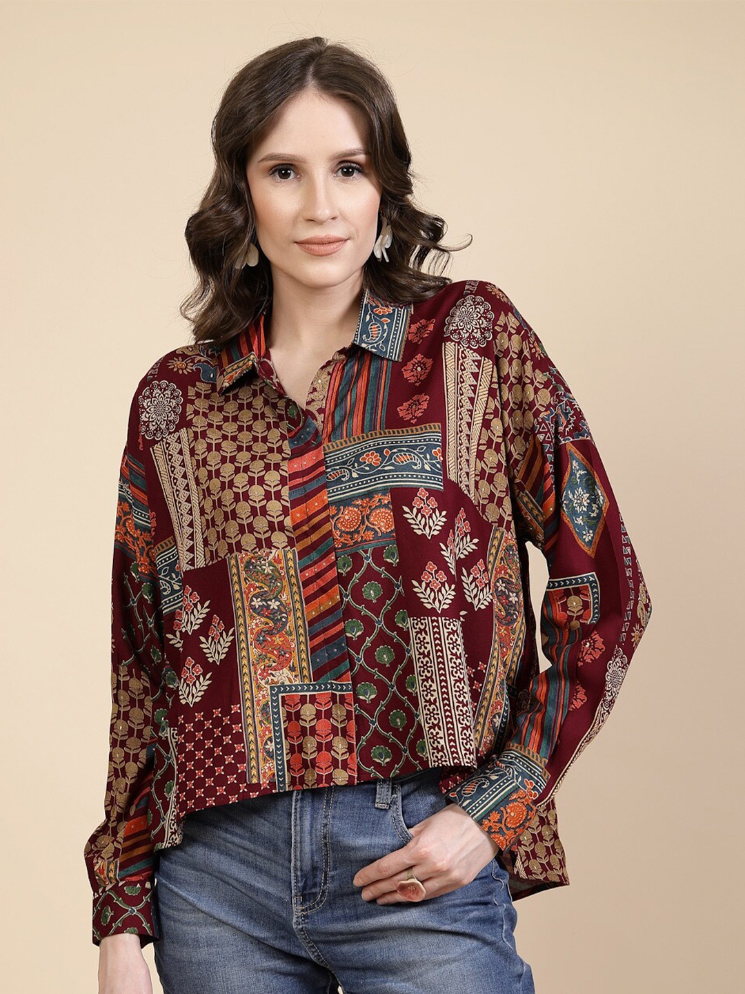 

TANKHI Print Long Sleeves Shirt Collar Shirt Style Top, Maroon
