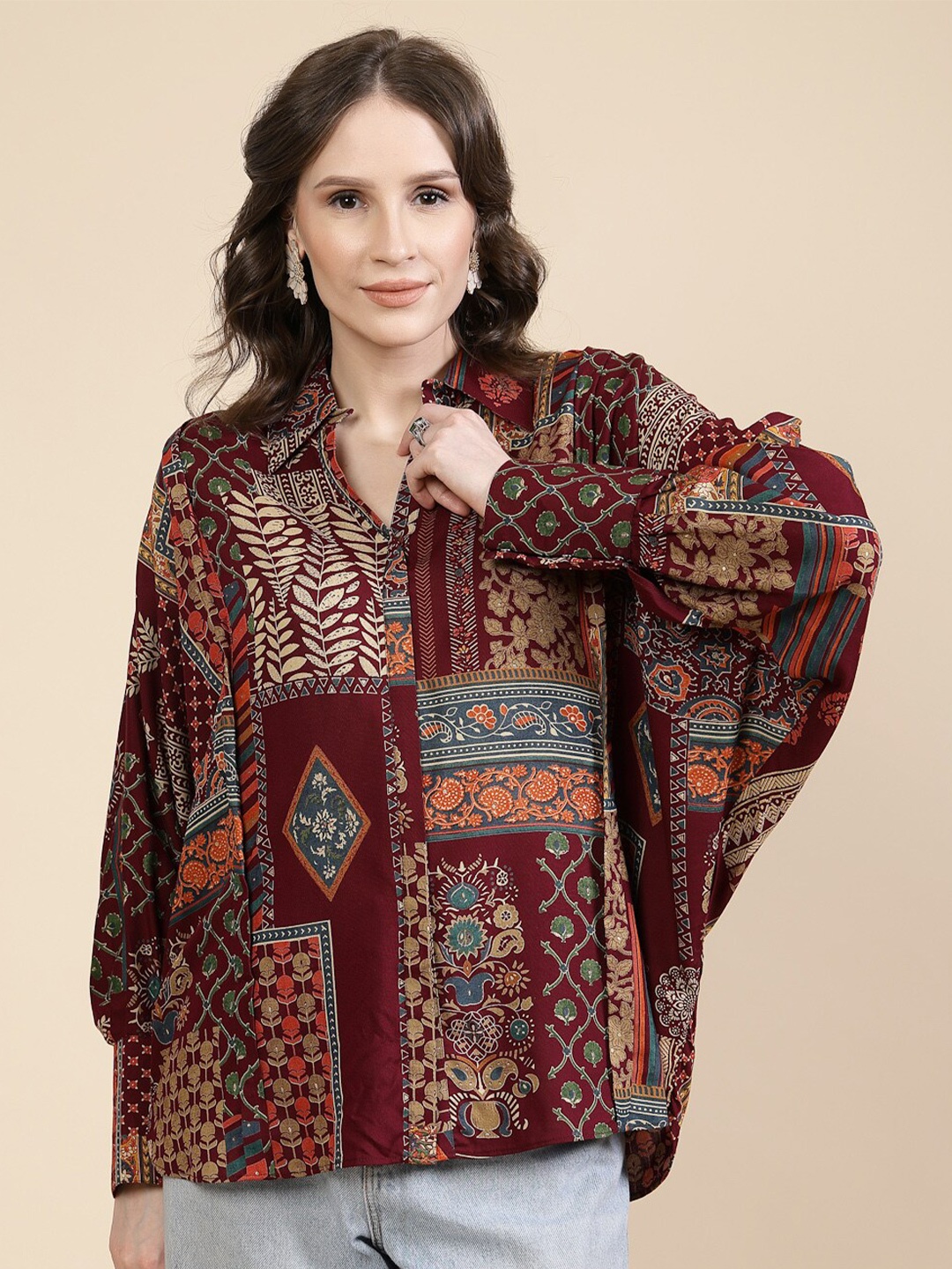 

TANKHI Print Batwing Sleeve Shirt Collar Shirt Style Top, Maroon