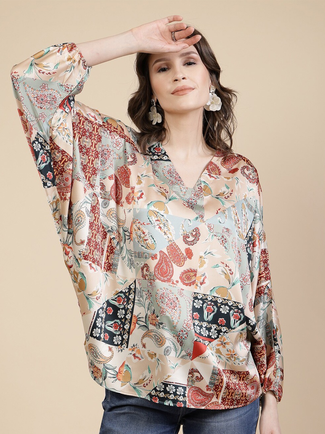 

TANKHI Print Mandarin Collar Batwing Sleeve Satin Kaftan Top, Cream