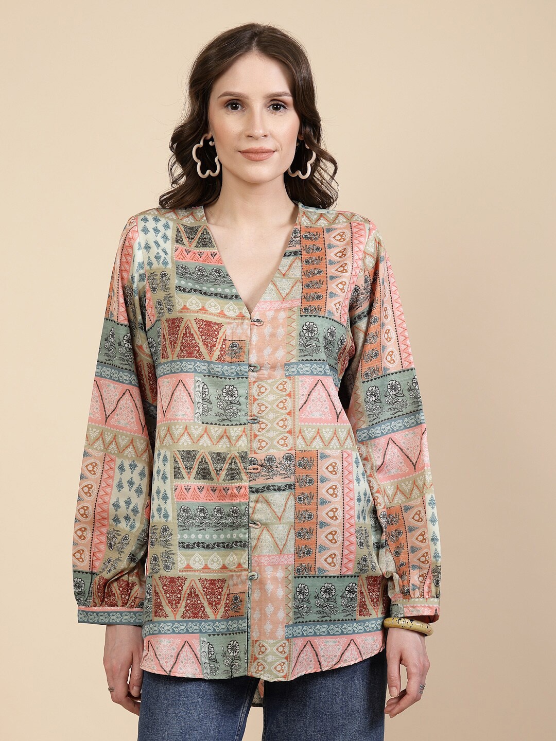 

TANKHI Print Long Sleeves V-Neck Satin Longline Top, Beige