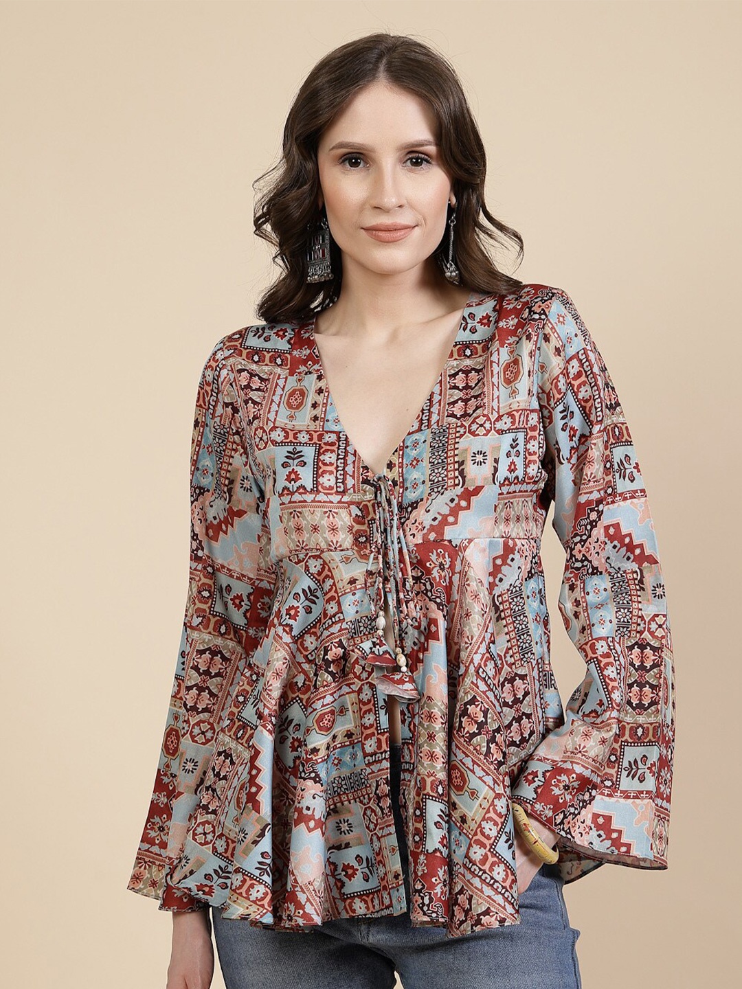 

TANKHI Print Long Sleeves V-Neck Top, Brown