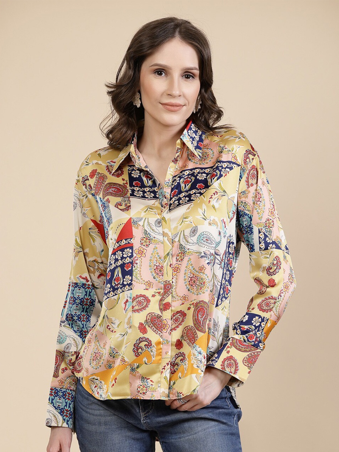 

TANKHI Print Long Sleeves Shirt Collar Satin Shirt Style Top, Mustard