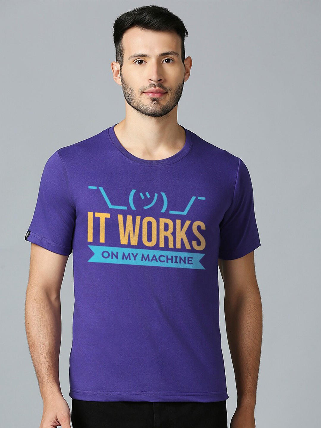 

MOD ECRU Typography Printed Round Neck Short Sleeves Cotton T-shirt, Purple