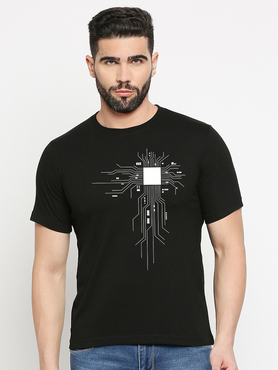 

MOD ECRU Unisex Graphic Printed Round Neck Cotton T-shirt, Black