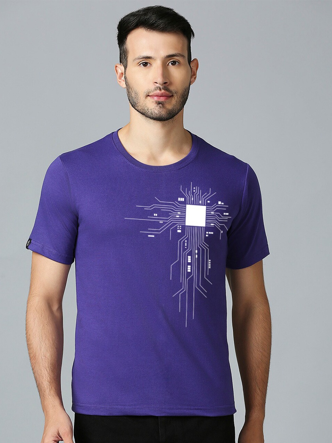 

MOD ECRU Printed Round Neck Short Sleeves Cotton T-shirt, Purple
