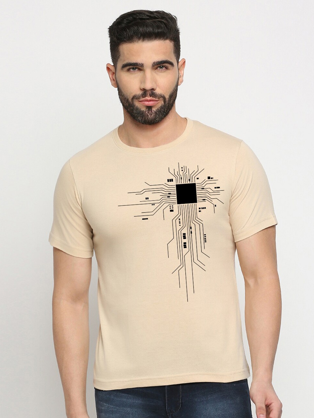 

MOD ECRU Printed Round Neck Short Sleeves Cotton T-shirt, Cream