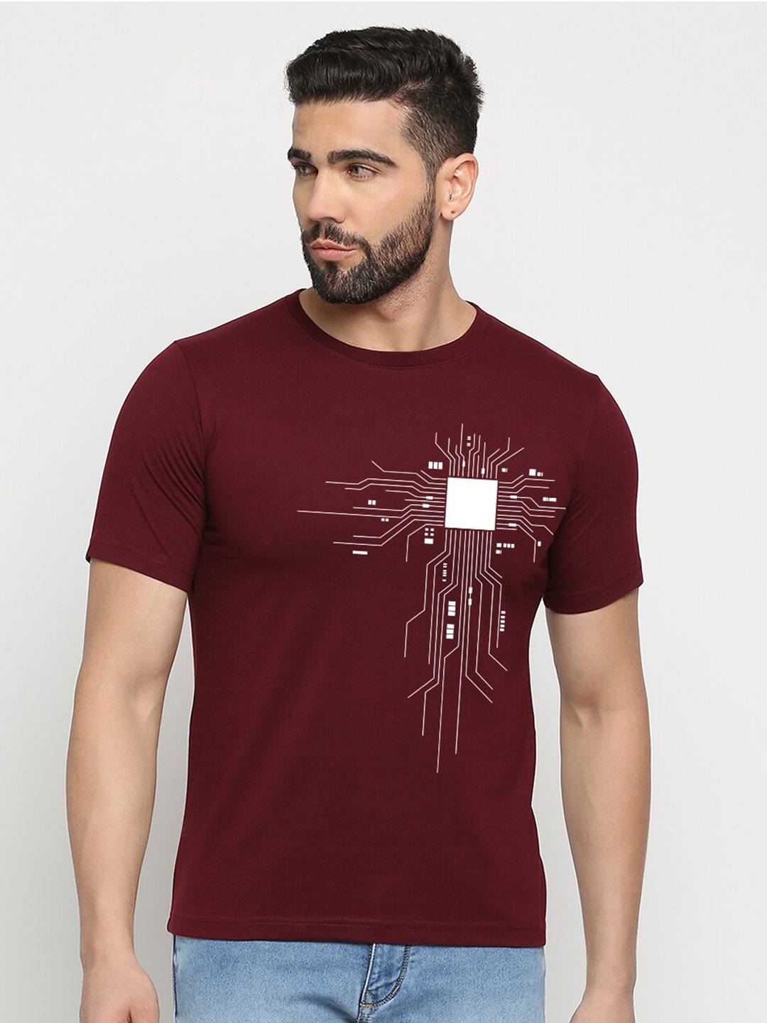

MOD ECRU Graphic Printed Round Neck Cotton T-shirt, Maroon