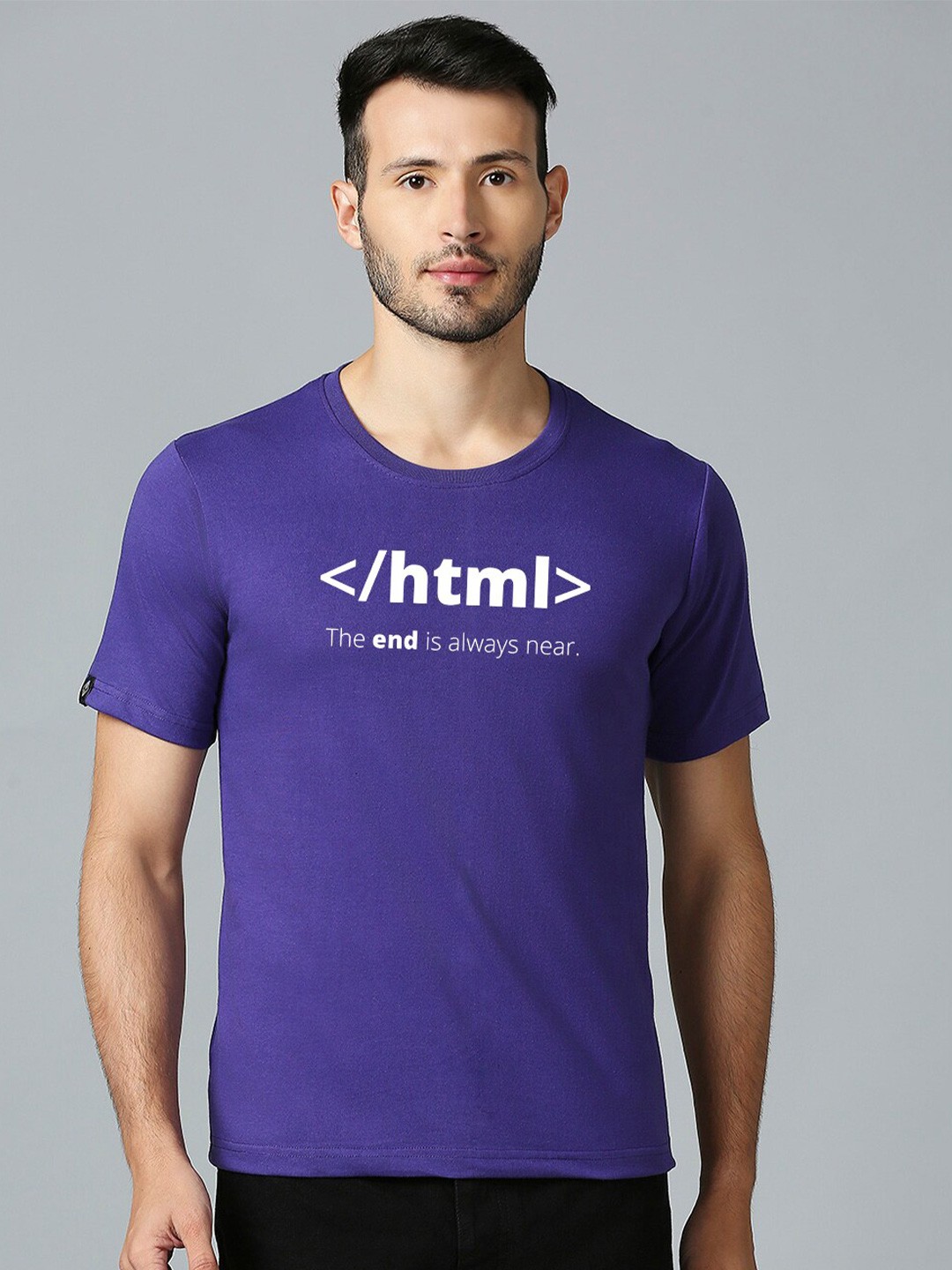 

MOD ECRU Typography Printed Round Neck Cotton T-shirt, Purple