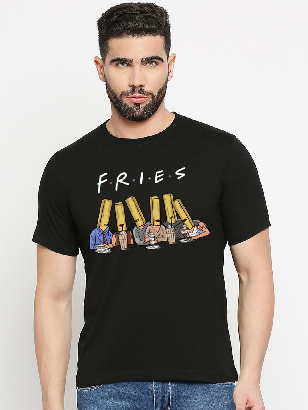 

MOD ECRU Printed Round Neck Short Sleeves Cotton T-shirt, Black