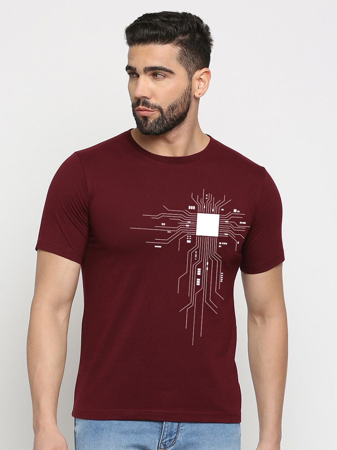

MOD ECRU Printed Round Neck Short Sleeves Cotton T-shirt, Maroon