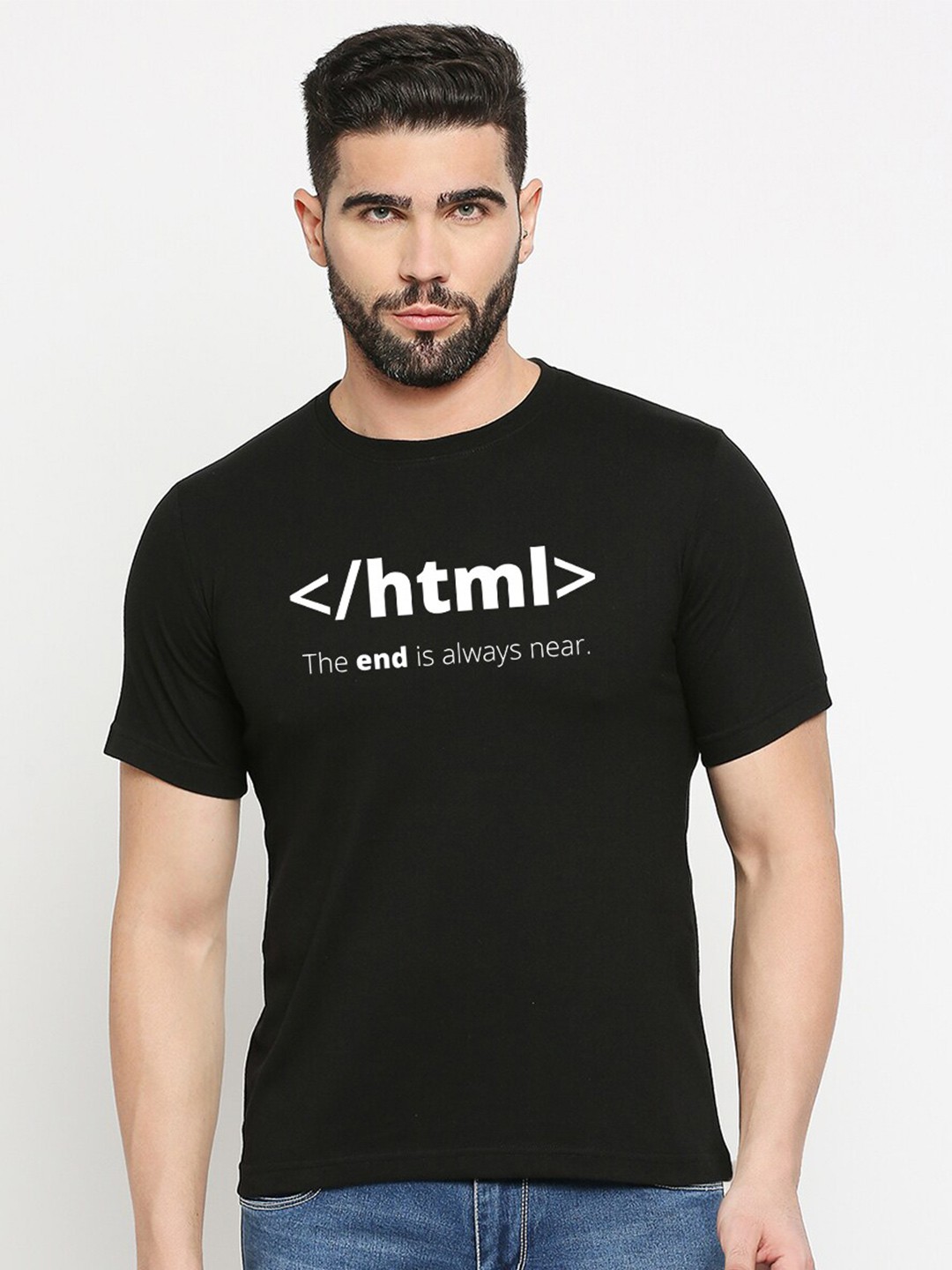 

MOD ECRU Typography Printed Round Neck Cotton T-shirt, Black