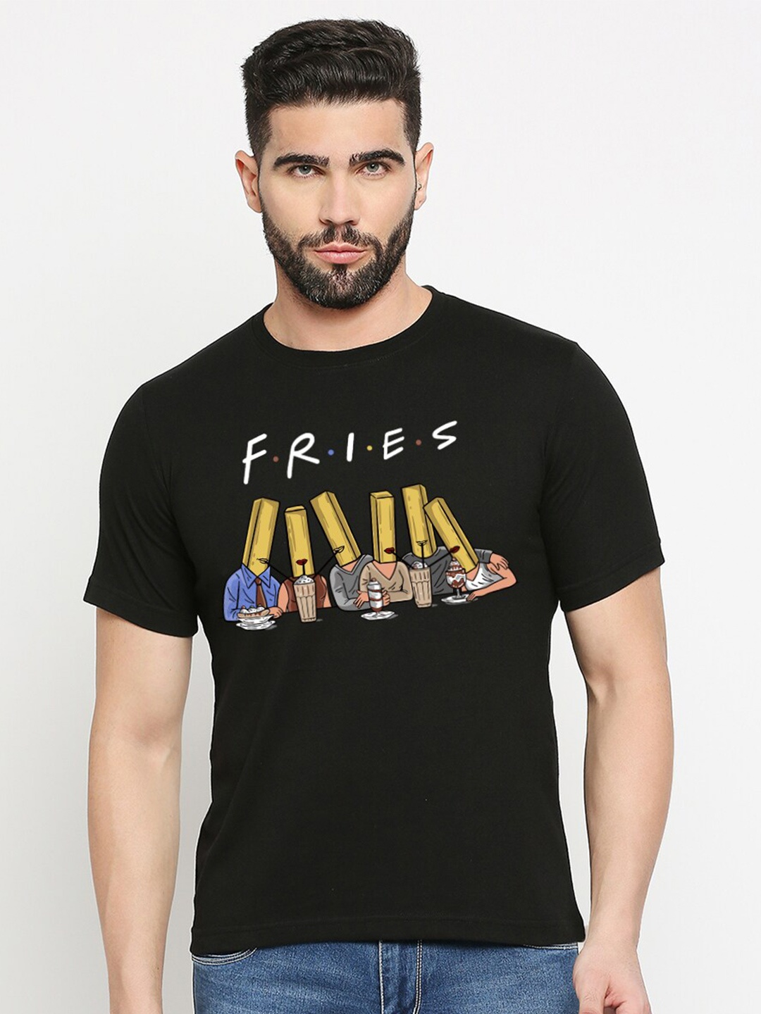 

MOD ECRU Printed Round Neck Short Sleeves Cotton T-shirt, Black