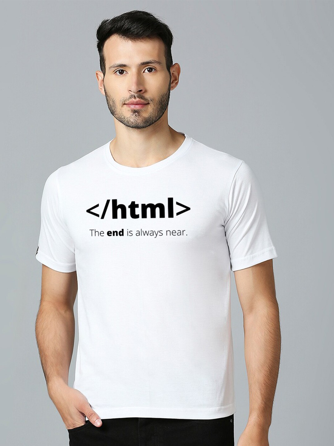 

MOD ECRU Printed Round Neck Short Sleeves Cotton T-shirt, White