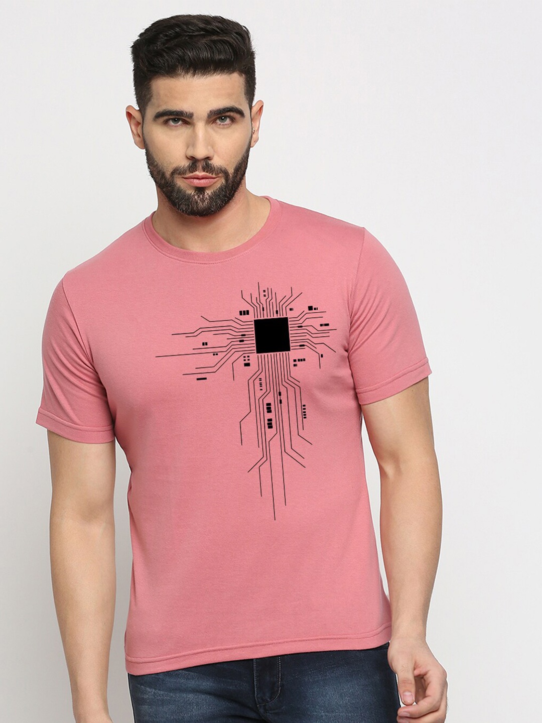 

MOD ECRU Printed Round Neck Short Sleeves Cotton T-shirt, Pink