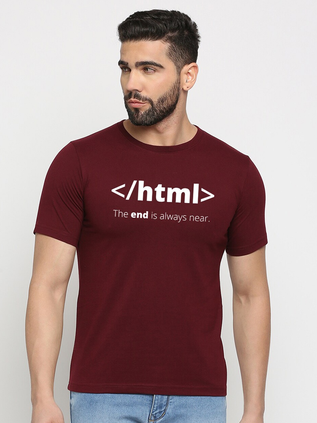 

MOD ECRU Unisex Typography Printed Round Neck Cotton T-shirt, Maroon