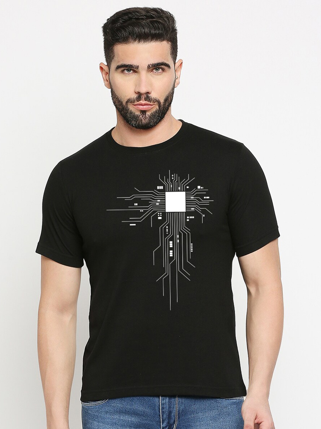 

MOD ECRU Printed Round Neck Short Sleeves Cotton T-shirt, Black
